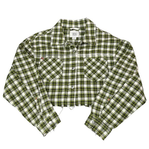 BDG Urban Outfitters Claire Cropped Flannel Shirt Jacket In Green Multi Sz Small - Picture 2 of 8